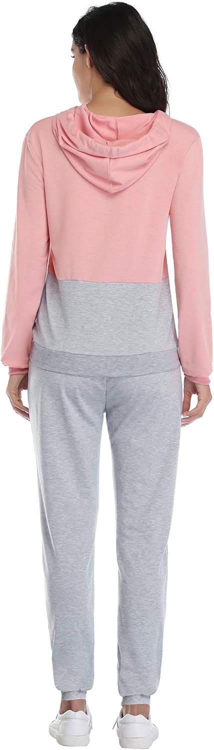 Aibrou Women's Casual 2pc Hooded Sweatsuit Color Block Tracksuit Set Full Zip Sweatshirts & Pants Set: Clothing