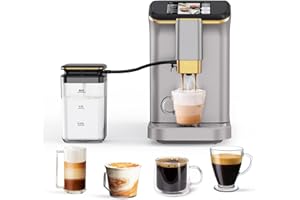 Euker Automatic Espresso Machine, Coffee Machine with Grinder, Espresso Maker with Automatic Milk Frother, 20 Bar Latte Machine, TFT Touch Screen for Cappuccino, Americano(Silver+Gold)