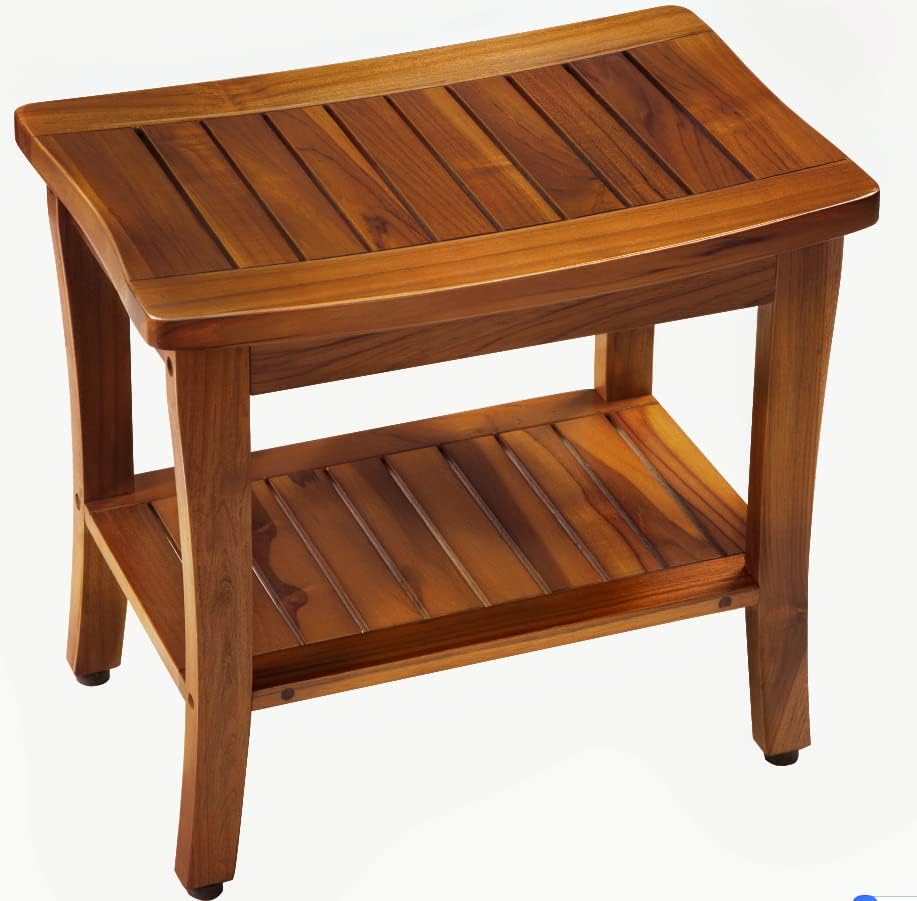Teak Shower Bench, Teak Shower Stool with Storage Shelf, 20" Waterproof