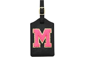 CHOIEO Initial Luggage Tag, PU Leather Luggage Tag, Embroidered Luggage Tag, Letter Luggage Tag, Monogrammed Luggage Tag, Luggage Tag for Baggage Bag Suitcase (M, Black Leather+Rose Red Letter)