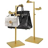 2 Pack Purse Holder for Closet, Dual Hook Purse Stands for Display, Stainless Steel Bag Hanger, Adjustable Height Purse Rack Stand, Handbag Display Stand, Bag Hanger for Vendors Table Boutiques (Gold)