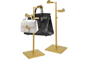 KDYZS+ 2 Pack Purse Holder for Closet, Dual Hook Purse Stands for Display, Stainless Steel Bag Hanger, Adjustable Height Purse Rack Stand, Handbag Display Stand, Bag Hanger for Vendors Table Boutiques (Gold)