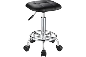 FNZIR Square PU Cushion Rolling Stool with Wheels Height Adjustable Swivel Stools Office Chair Black