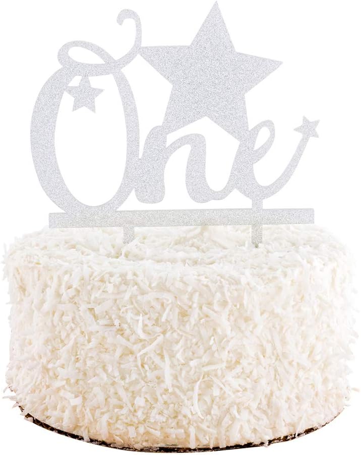Restaurantware-Top Cake One Cake Topper, 1 Piece With Glitter Stars 1st Birthday Cake Topper - Double Sided, For Anniversaries And Parties, Silver Acrylic 1 Cake Topper, Event Supplies