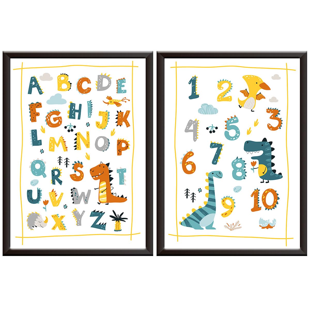 Hey Chimp A4 Dinosaur Posters & Alphabet Chart - Little Boys Learning Numbers & Letters - ABC Posters - Cute Dinosaur Bedroom Accessories & Educational Poster for Toddlers. Unframed