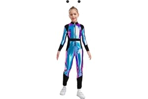 renvena Kids Metallic Shiny Space Alien Jumpsuit Long Sleeve Zipper Front One Piece Catsuit with Antennas
