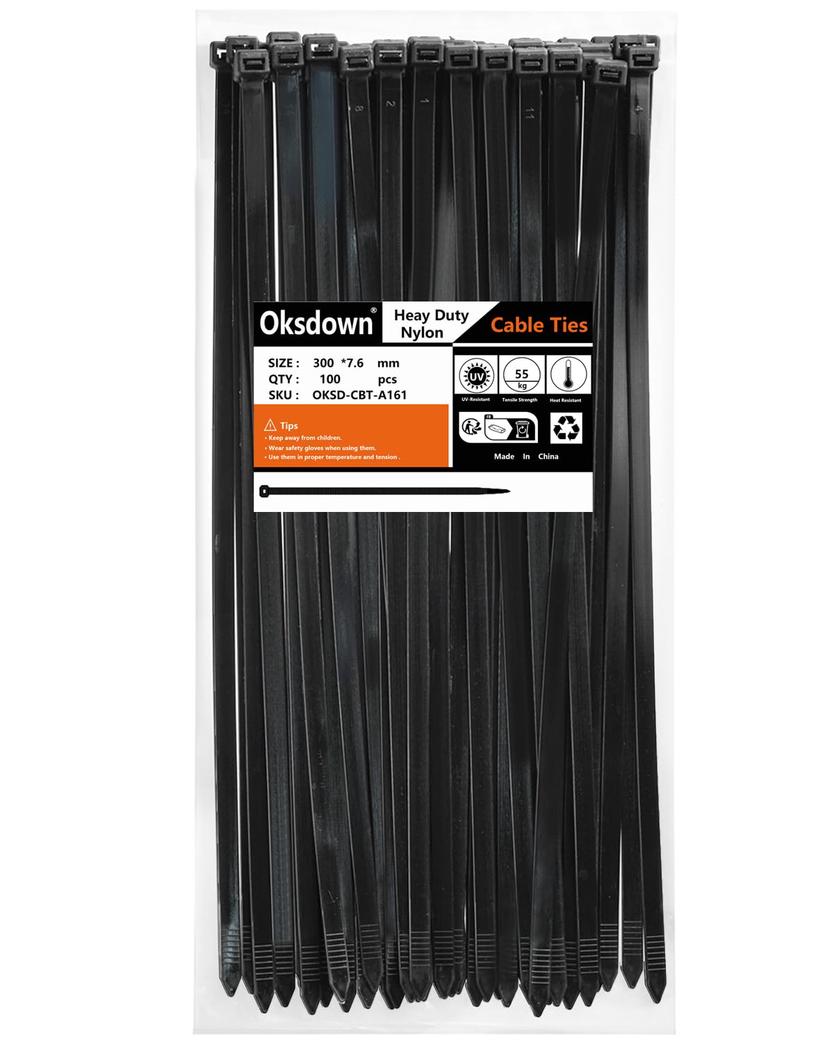 Oksdown 100 Pack Black Thick Cable Ties Heavy Duty Large 300mm×7.6mm Strong Nylon Plastic Self Locking 12 inch/30 cm Zip Tie Wraps