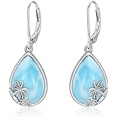 BETHZA Natural Larimar Earrings 925 Sterling Silver Palm Tree Genuine Larimar Gemstones Drop Dangle Earring Summer Beach Jewelry Gifts for Women