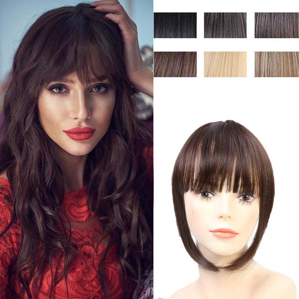 Clip in Hair Bangs Fringe Hair Extensions Straight Clip on Bangs with Temple Hairpieces Accessories for Women (Medium Chestnut Brown)