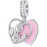 Holland Tulip Flower Heart Dangle Charm, Fits Pandora Women Bracelet, 925 Sterling Silver Netherlands Floral Pink Enamel CZ Beads, Gifts for Mother/Grandma/BFF