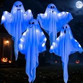 Kiddokids 4 Pack Halloween Hanging Ghost Decorations, 27.5" Light Up Spooky Floating Ghosts with Blue LED, Outdoor &amp; Indoor Haunted House, Porch, Yard, Party Decor, Patio Lawn Garden