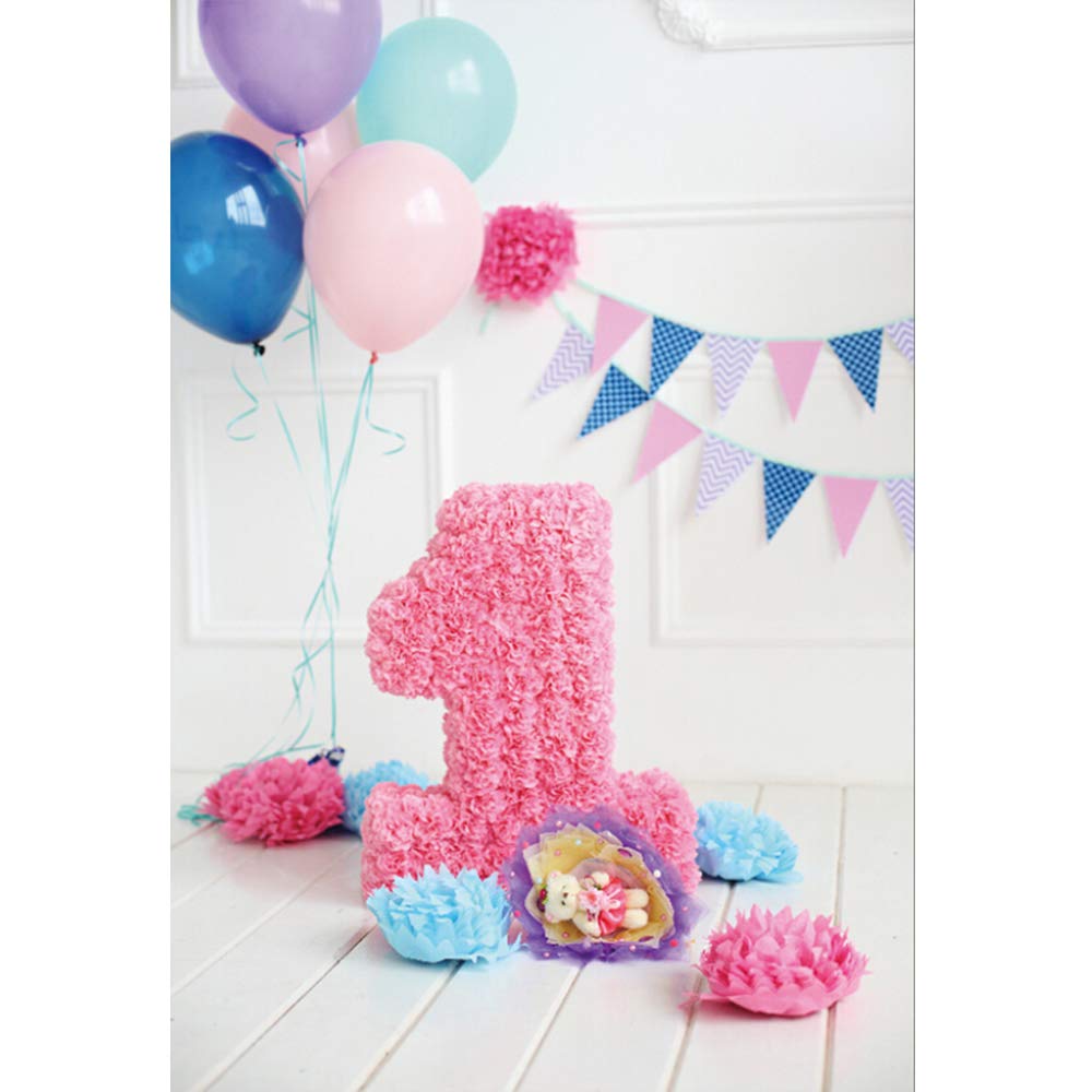 Laeacco 3x5ft Photography Background 1st Birthday Party Holiday Decorations Brick Wall Blue Wood Floor Balloons One Year Old Baby Kids Girls Photo
