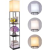 Gupuzm Floor Lamp with Shelves, Modern Square Standing Lamp with 3 Color Temperature Bulb, Corner Display Bookshelf Lamp for 