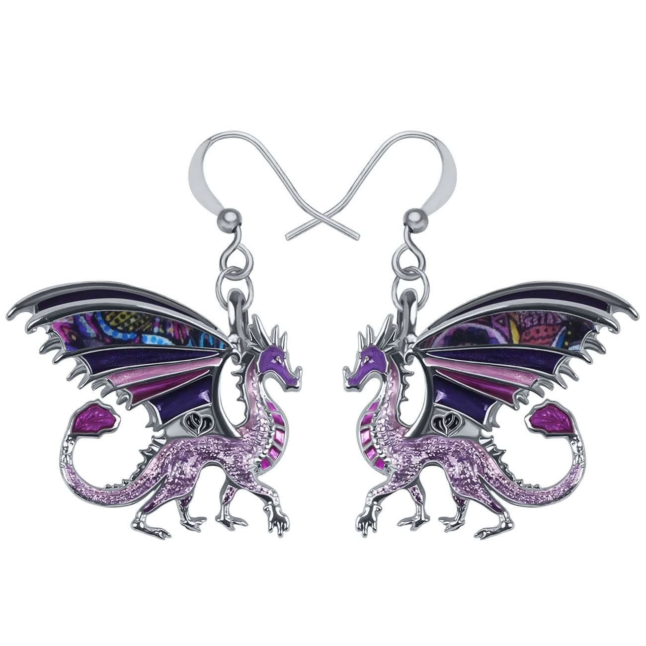 Enamel Alloy Dragon Earrings Fantasy Dinosaur Drop Dangle Fashion Jewelry For Women Girls Charm Gift (Violet)