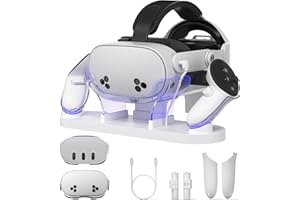 Kuject Charging Dock for Quest 3 & Quest 3s, Fast Charging Station with Head Strap Support Bracket for Meta VR Headset and Controllers, Charging Stand Accessories with 2 Rechargeable Batteries