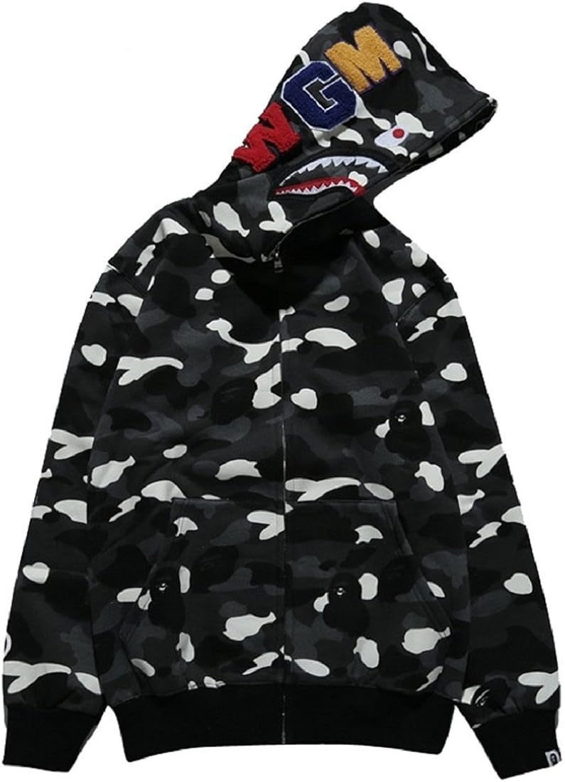 Big Mouth Shark Ape Bape Camo Mens Women Hoodies Sweatershirt Casual Zip Up Hip-Hop Funny Tops