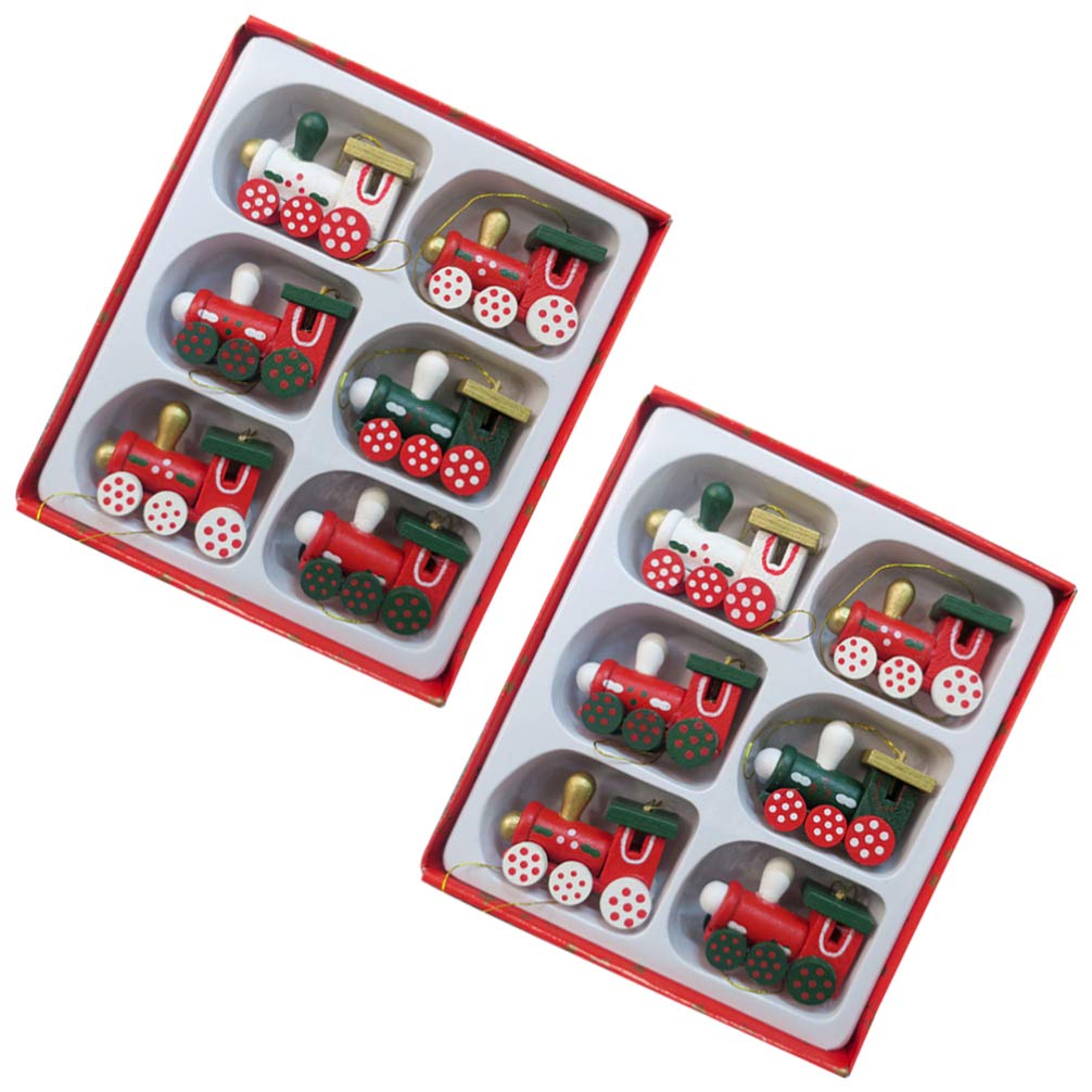 TOYANDONA 12pcs Christmas Train Model Collectible Locomotive Car Train Wood Statue Xmas Tree Hanging Pendant Holiday Party Favors for Children Kids