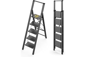 WOA WOA Step Ladder, 5 Step Ladder with Widen Pedals, Aluminum Ladder with Anti Slip Feet, Lightweight Folding Step Ladder for Home, Kitchen Ladder for High Cabinet 330 lbs Load - Black