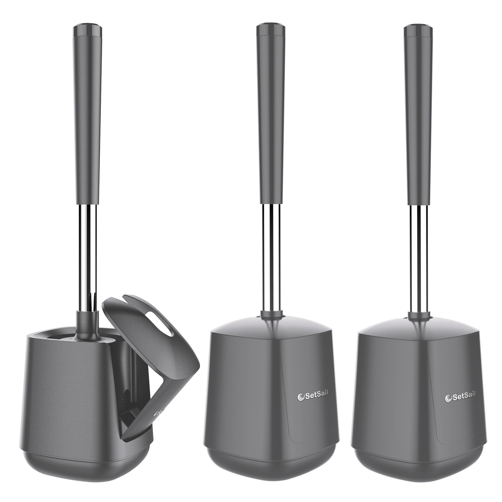 SetSail Toilet Brush and Holder 3 Pack, Self Closing Lid Toilet Bowl Brushes Holder Extra Long Handle Ventilated Toilet Brush Set for Bathroom Cleaning, Nylon Bristles, Grey Image