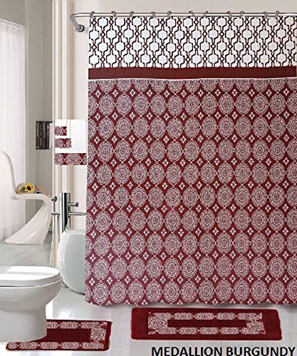 Best 18 Piece Bath Rug Set Burgundy Holiday Red Medallion Print Bathroom Rugs Shower Curtain Rings And Towels Sets Medallion Burgundy Siddharthaengineering In