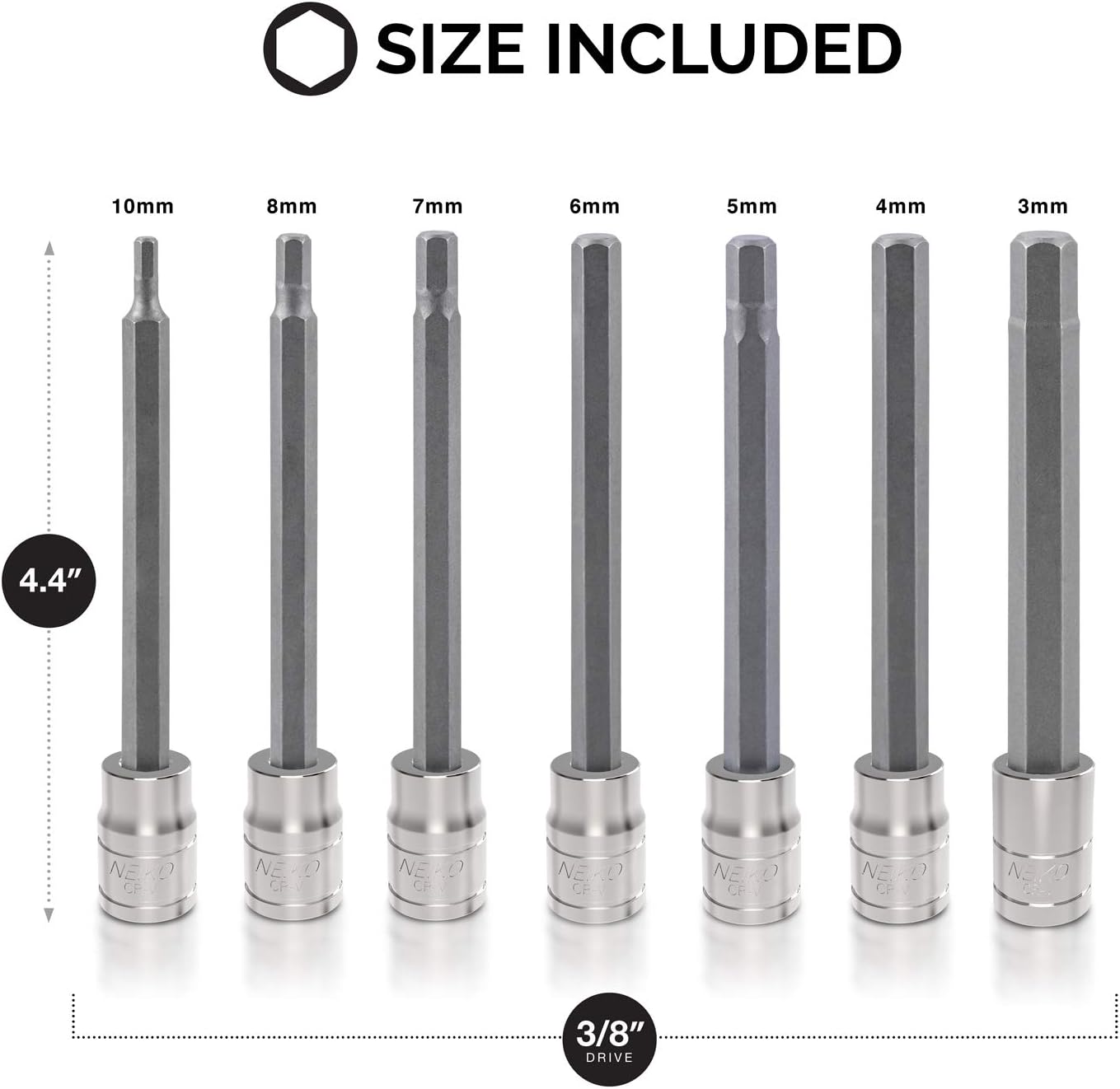 Neiko 10076A 3/8” Drive Extra Long Allen Hex Bit Socket Set, Metric, 3mm to 10mm | 7-Piece Set, S2 and Cr-V Steel - Allen Socket Set - 