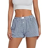 Women's Lounge Shorts Cute Soft Elastic Low Waist Plaid Print Button Front Pajama Bottoms Boxer Shorts Sleepwear