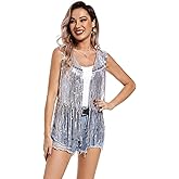 Plustrong Womens Sequin Fringe Vest Sleeveless Sparkly Glitter Shiny Tassel Vest Cowgirl Western Outfits