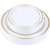 HOME BREEZE Gold Rim Plastic Plates Set of 60 Count, Disposable Plates with Gold Rim 30 Dinner Plates 10" and 30 Salad Dessert Appetizer Plate 7", Elegant Fancy Heavy Duty Wedding Party Plates