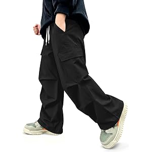 Haloumoning Boys Cargo Pants Baggy Elastic Waist Wide Leg Street Trousers | Kids Casual Pants with Pockets 5-14 Years, Fall F