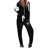 Womens Long Sleeve Pajamas Set Soft Sleepwear Shirt and Long Pants Pj Lounge Sets Button Down Nightwear with Pockets
