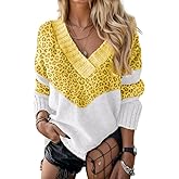 Womens Fall V-Neck Crossover Leopard Print Knit Sweater Winter Casual Loose Long Sleeve Pullover Tops