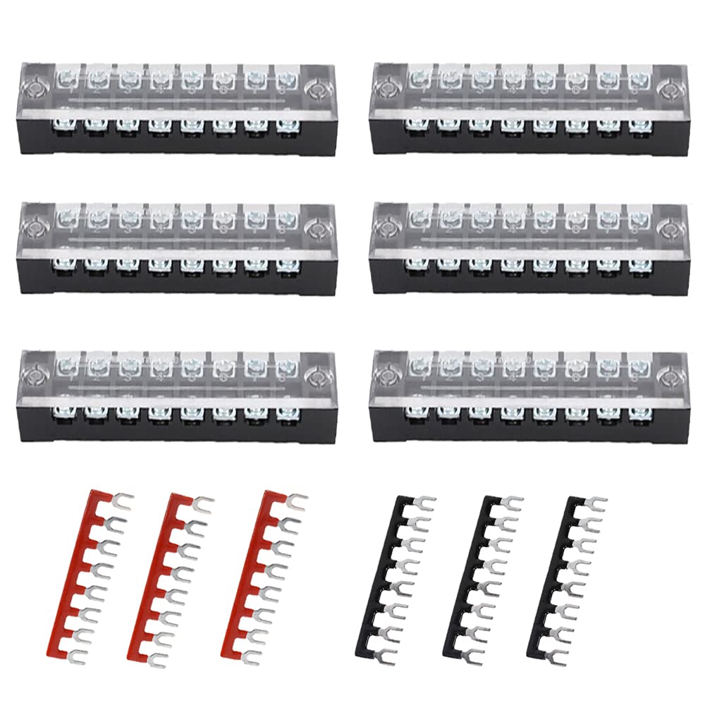 Ruidee 12pcs (6 Set) Terminal Block 8 Positions Dual Rows Covered Screw Terminal Block 600V 25A + 6Pcs 8 Positions Pre-Insulated Fork Terminal Barrier Strip Red/Black 400V 25A TB-U2508 — image 1
