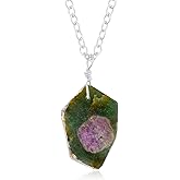 Natural Raw Ruby Zoisite Slice Crystal Gemstone Dainty Women Pendant Necklace, Chakra Healing Crystals, Birthstone, Gift, Chain 18 inch (ruby)