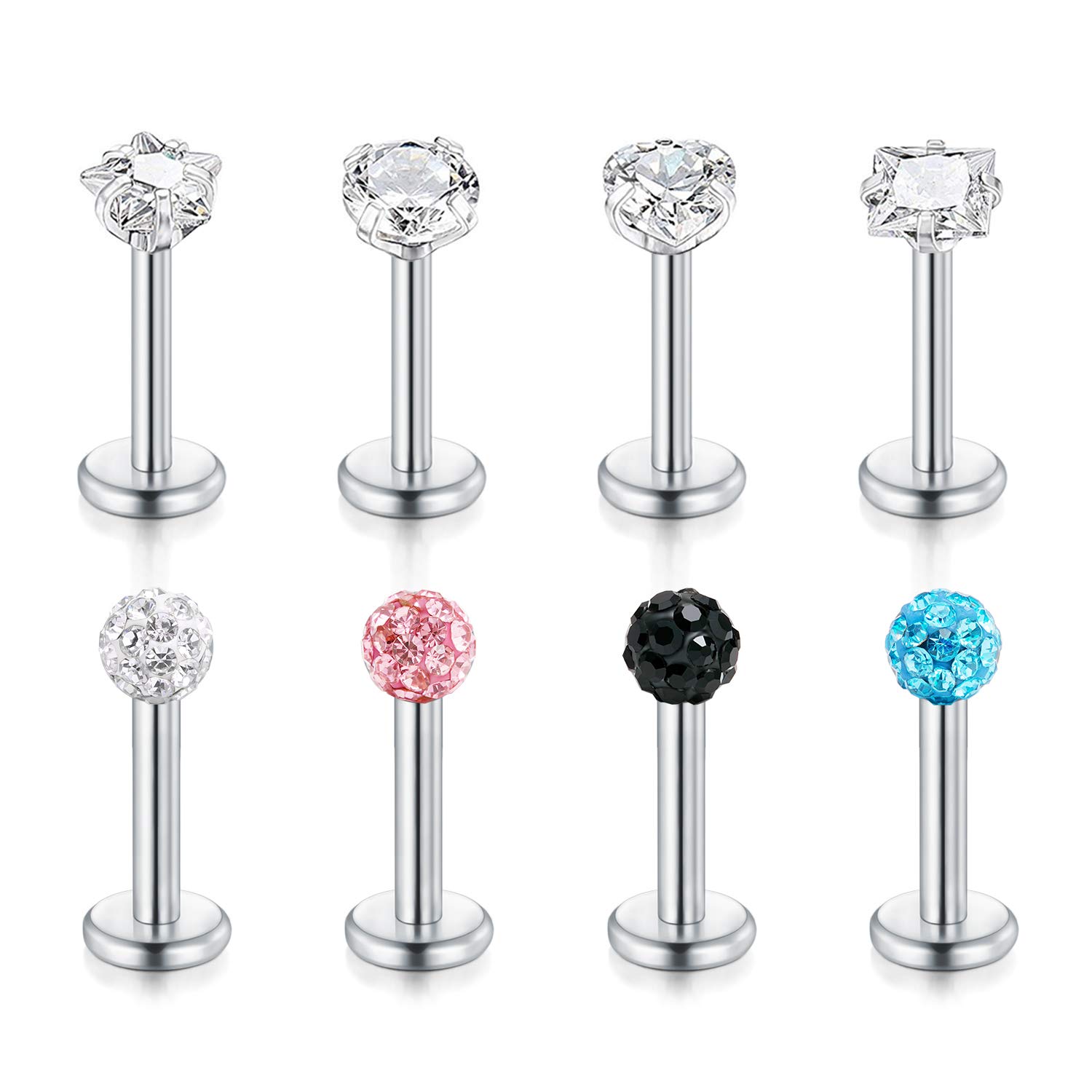 FECTAS 8pcs Stainless Steel Lip Stud Labret Bars Tragus Helix Earring Studs 6mm 8mm Stainless Steel 16G Piercing