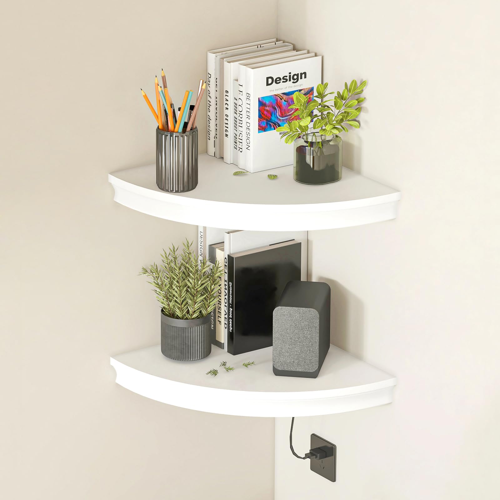 Photo 1 of HAO Floating Corner Shelf Invisible Wall Mounted Shelves Radial Shape Cable Wire Hole Pattern Perfect for Bedroom Bathroom Living Room Kitchen Set of 2 White