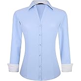 WARHORSEE Womens Button Down Shirt Long Sleeve Work Dress Shirts, V Neck Easy Care Stretchy Business Casual Blouses for Women