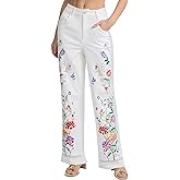 Kedera Women's Floral Embroidered Jeans Mid Rise Wide Leg Baggy Cotton Denim Pants Cute Straight Leg Trousers