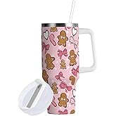 Boccsty Christmas Gingerbread Insulated Tumblers Pink Bow Snowflake Hearts SnReusable Stainless Steel Tumbler 40 oz Cup Coffee Travel Mug Water Bottle with Handle & Flip Straw for Home Office Car