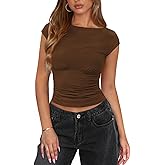 Womens Boat Neck Tops for Women Ruched Cap Sleeve Top Summer Cute Going Out Fitted Cropped T Shirts Basic Clothes
