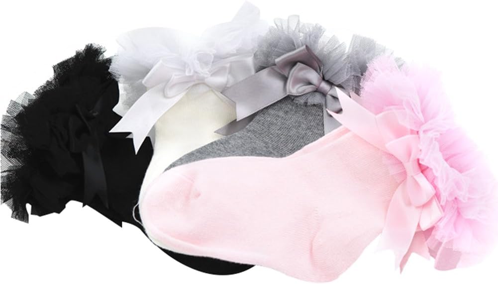 Ruffle Socks for Baby Girls, Infant Toddler Girls Bowknot Ruffle Princess Socks 4 Packs White/Black/Gray/Pink/Multicolor