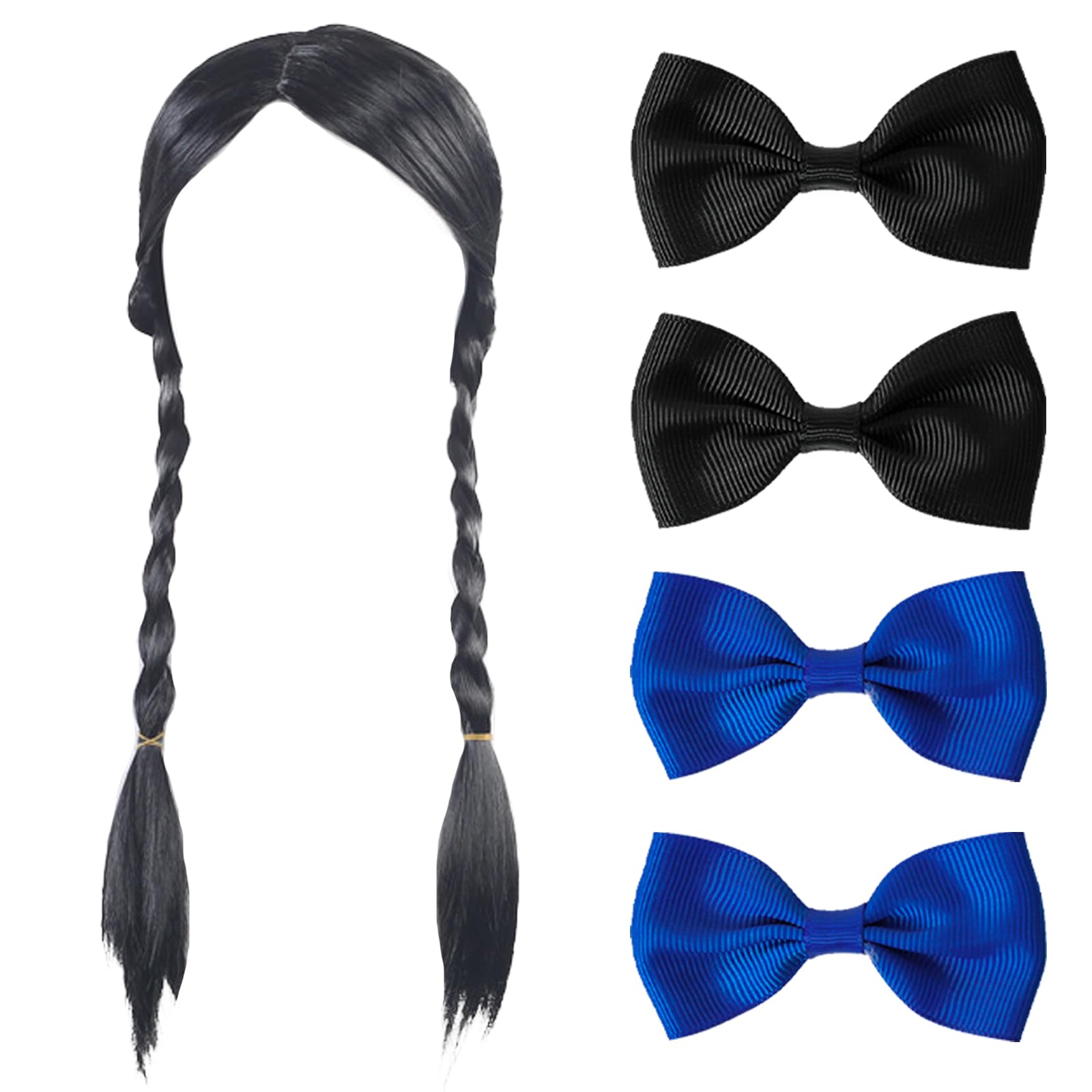 BDSHUNBF 5PCS Long Synthetic Wig for Women - Straight Black Natural Looking Hair for Daily Wear, Kids Girls Dress Up, Halloween Anime Cosplay Party (No Bangs)