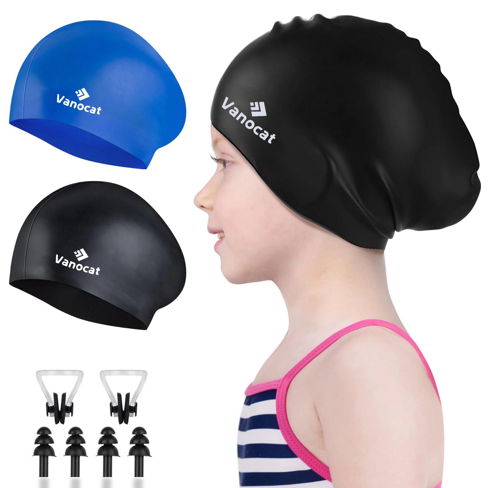 Vanocat 2 Pack Kids Swimming Cap Short/Long Hair, Unisex Silicone Swimming Hat for Age 3-15 Children Toddler Teen, Waterproof Shower Swim Cap for Girls Boys with Ear Plugs & Nose Clip（Black+Blue）