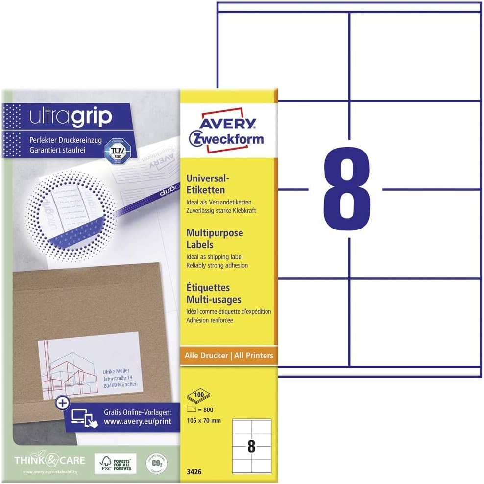 Avery Zweckform A4 White Labels Inkjet Laser 800 Pack 105x70mm