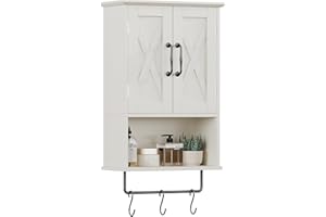 ChooChoo Farmhouse Medicine Cabinet, Bathroom Wall Cabinet with Adjustable Shelf, Towel Bar, 3 Hooks, Over The Toilet Storage Cabinet for Bathroom, Kitchen, White