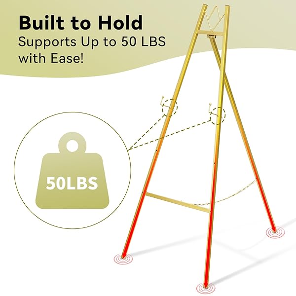 GRENTY 46.7″ GOLD EASEL STAND FOR WEDDING SIGNS – NO ASSEMBLY NEEDED, HEAVY DUTY METAL DISPLAY STAND FOR ART, WELCOME SIGNS, POSTERS, PICTURES, PAINTINGS, AND FLOOR DÉCOR