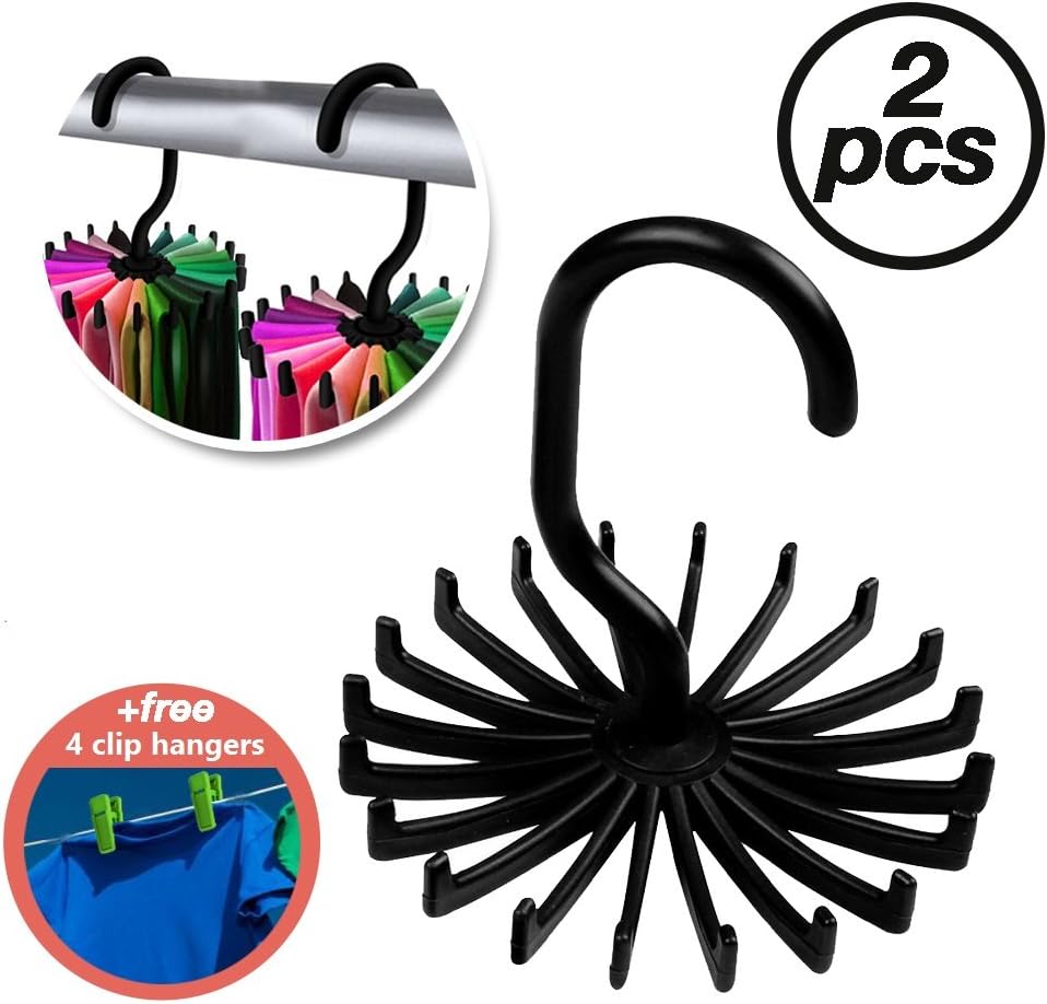 Cross Tie Hanger | Set of 2 Black Non-Slip Rotating Accessories Rack with 20 Premium Hooks for Storage Closet Wardrobe Holder | Excellent To Organize Men Scarf Necktie Belt with 4 Pcs Clip Hanger