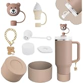Stanley Cup Accessories Set,Including 2 Pcs 0.4in Straw Cover, 1 Silicone Spill-Proof Stopper Set of 3, 1 Cute Bear Handle Charm, 1 Silicone Boot Fits Stanley 40&amp;30 Oz Tumbler (Almond Rose)