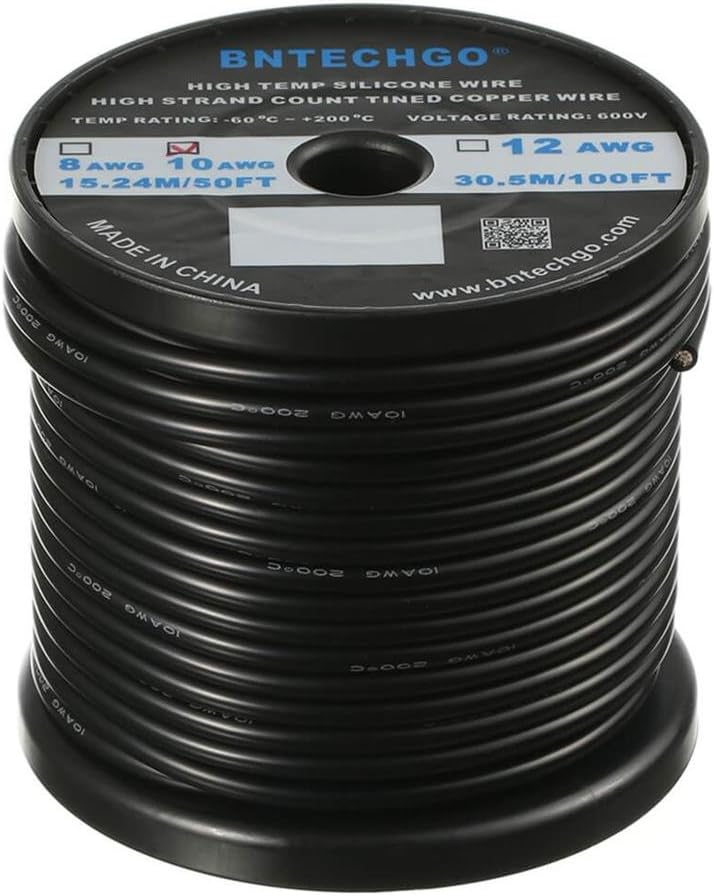 BNTECHGO 10 Gauge Silicone Wire Spool Black 50 ft Ultra Flexible High Temp 200 deg C 600V 10AWG Silicone Rubber Wire 1050 Strands of Tinned Copper Wire Stranded Wire for Model Battery Low Impedance - Image 3