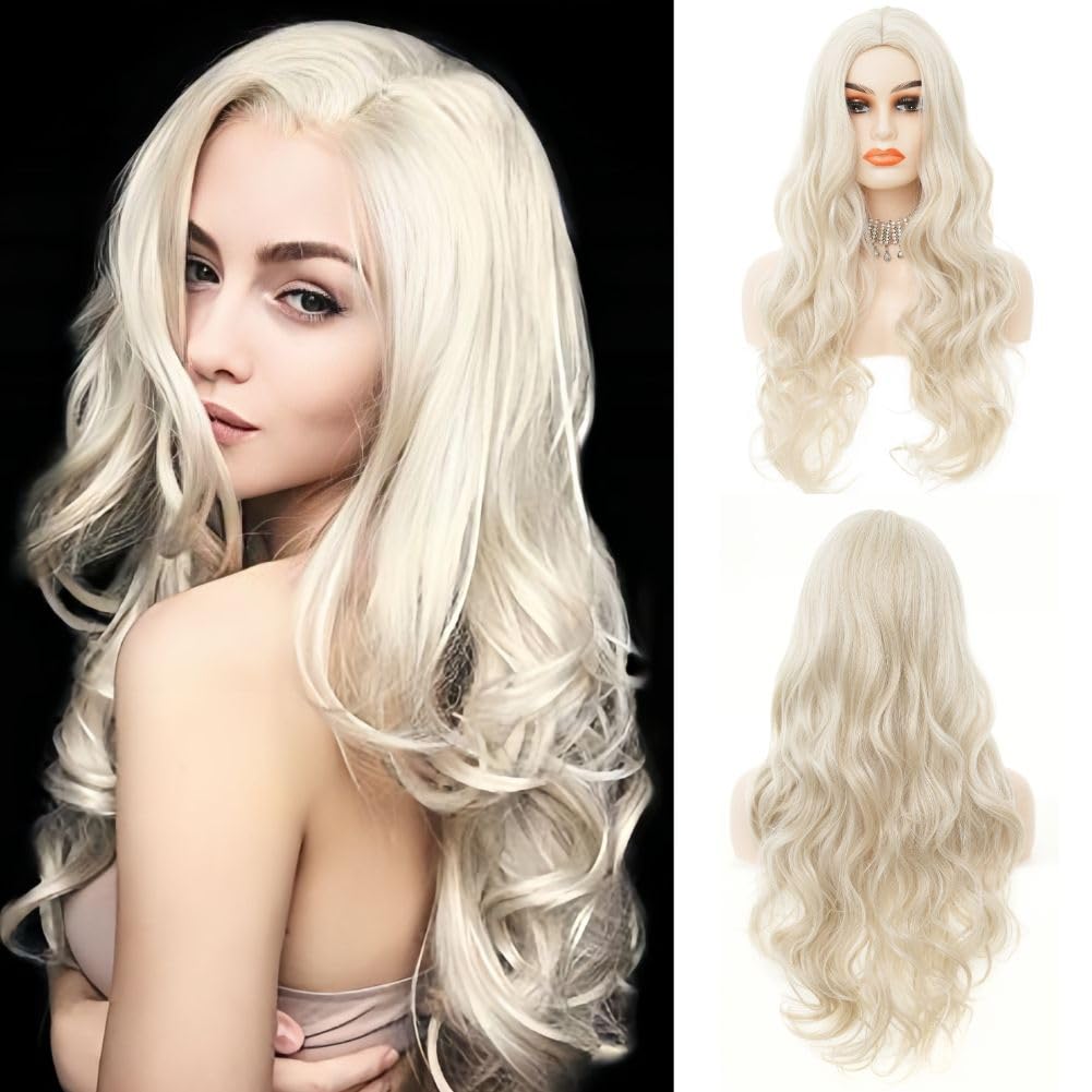 Siudus Blonde Curly Long Wigs for Women Platinum Wavy Middle Part Hair Wig Heat Resistant Fiber Daily Cosplay Halloween Wig (Light Blonde)
