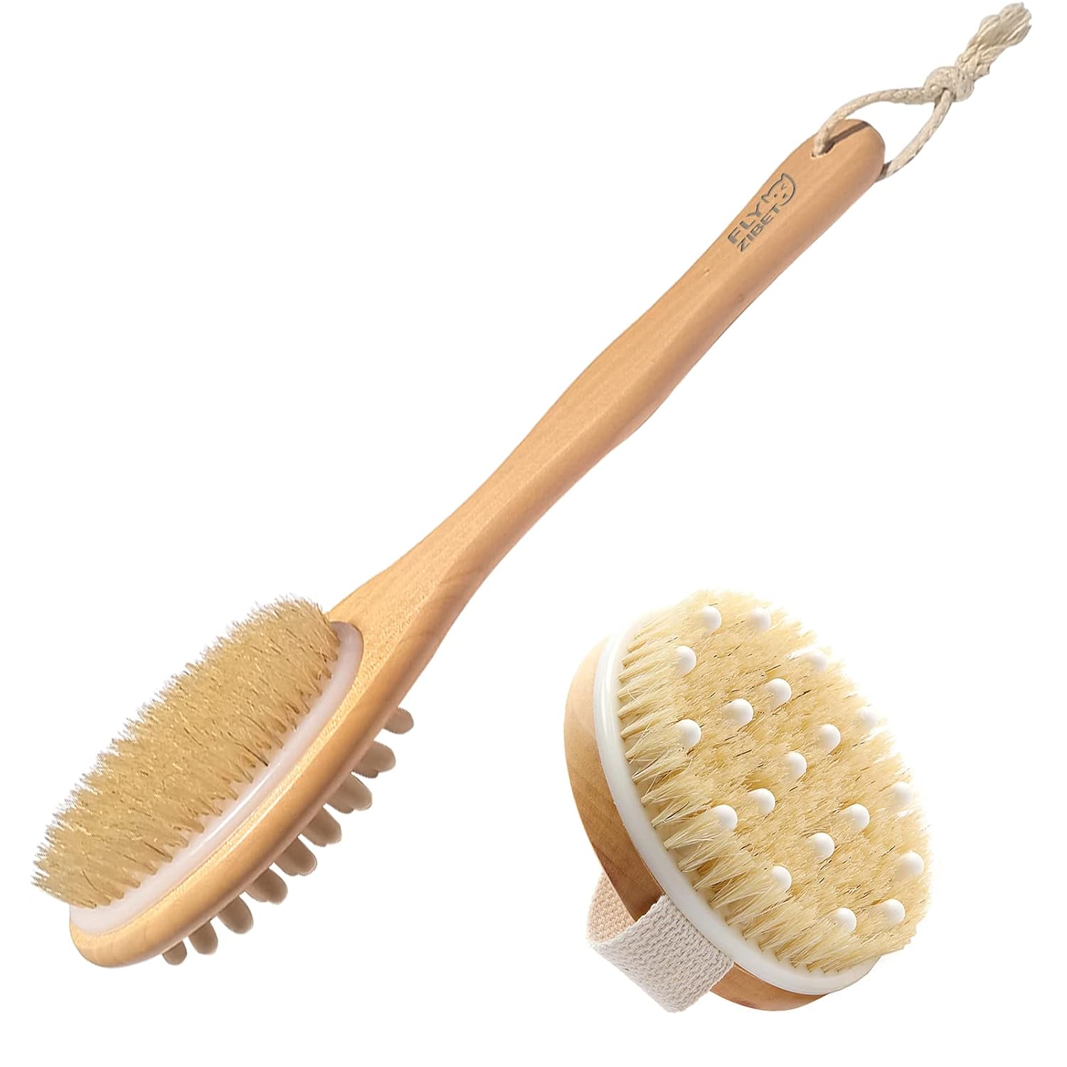 Exfoliating Body Shower Brush, Body Scrubbers for Use in Shower, Wet or Dry Brushing Body Brush with Natural Bristles for Glowing Skin Improve Blood Circulation(1 Long Handle and 1 Round Bath Brush) : Beauty